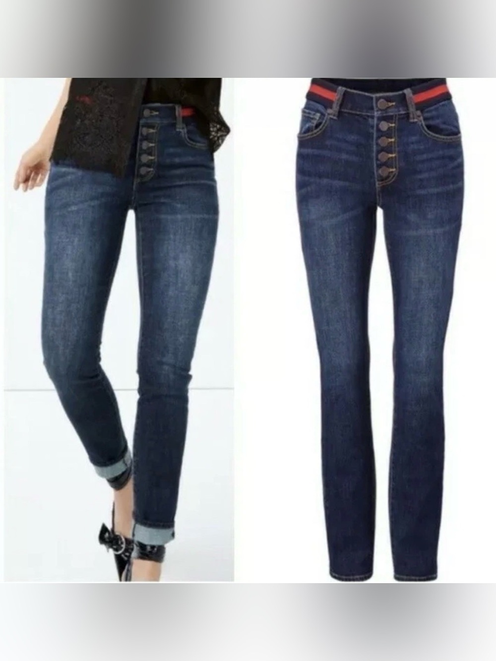 Cabi #3751 SIMONE Button Fly Skinny Jeans Women's Red Blue Belted Pockets Sz 6